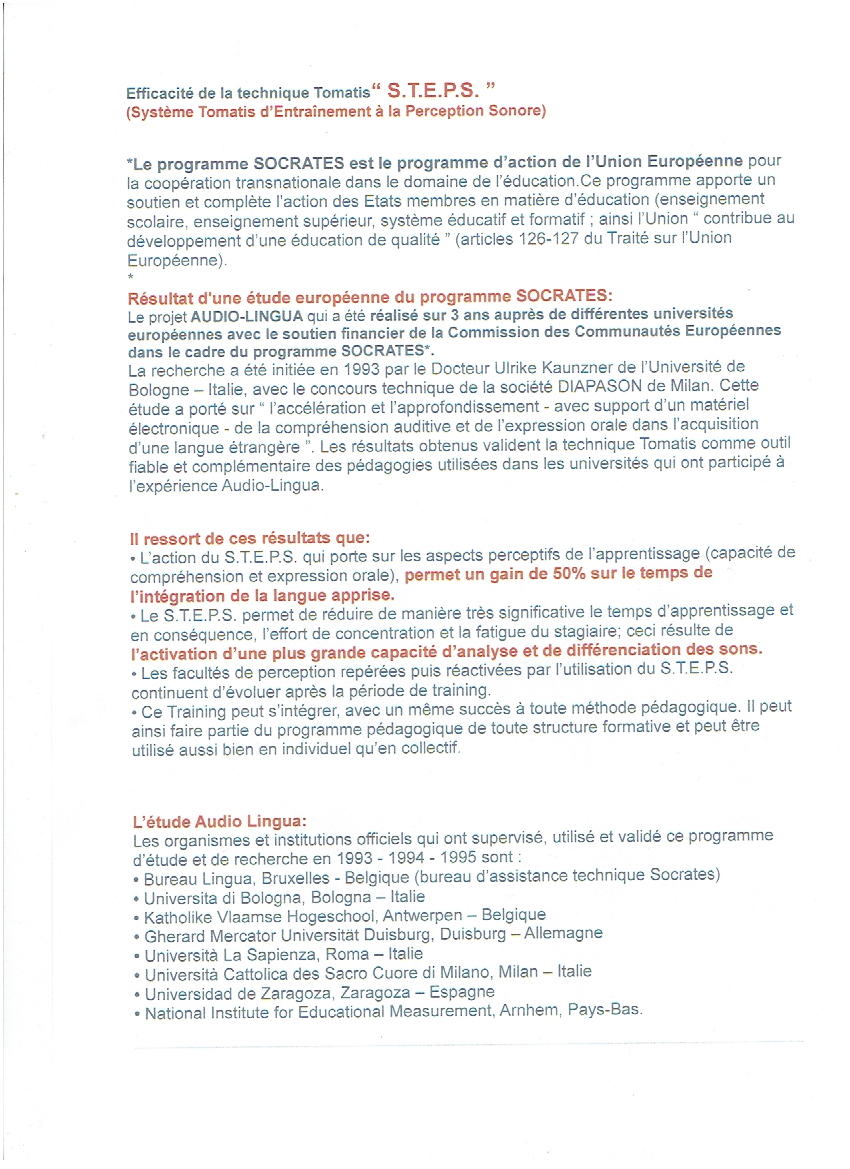 Etude sur l’efficacité de la technique Tomatis d'Entraînement à la Perception Sonore.